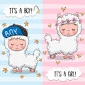 Greeting card with Cute Alpacas boy and girl