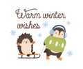 Greeting card with cute animals and inscription Warm winter wishes vector flat illustration. Festive postcard with cute