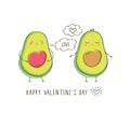 Greeting card with cute avocados, hearts and bubbles.