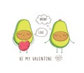 Greeting card with cute avocados, hearts and bubbles.