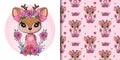 Greeting card Cute Baby Deer with flowers and hearts on a pink background Royalty Free Stock Photo