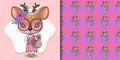 Greeting card Cute Baby Deer with flowers and hearts on a pink background Royalty Free Stock Photo