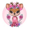 Greeting card Cute Baby Deer with flowers and hearts on a pink background Royalty Free Stock Photo