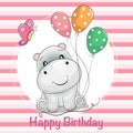 Greeting card cute cartoon hippo with ballons and butterfly
