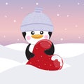 Greeting card cute cartoon pinguin with heart on a gray background.