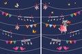 Greeting Card With Cute Cartoon Raccoon, Heart, Garland, Musical Notes, Birds And Maple Leaves.
