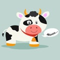 Greeting card cute cartoon smiling cow with with a bell and inscription moo Royalty Free Stock Photo