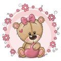 Cute Cartoon Teddy Bear girl with heart and flowers Royalty Free Stock Photo