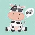 Greeting card cute cow with sunglasses and inscription moo.