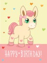 Greeting Card. Cute Girl. Cartoon Animals Vector. Lovely Horse Pony. Cartoon Animal Vector. Royalty Free Stock Photo