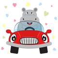 Greeting card cute hippo driving a car on a hearts background.
