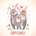 Greeting card with cute hugging rabbits family