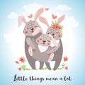 Greeting card with cute hugging rabbits family