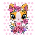 Greeting card Cute Kitten with flowers Royalty Free Stock Photo