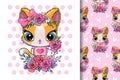 Greeting card Cute Kitten with flowers Royalty Free Stock Photo