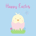 Greeting card with cute little chick in cracked egg, Easter concept, doodle style vector Royalty Free Stock Photo