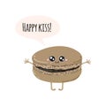 Greeting card with cute macaroon. Happy kiss.