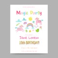 Greeting Card with Cute Magic Unicorns, Rainbow and Flowers. Fantasy Children Poster, Happy Birthday Invitation