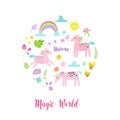 Greeting Card with Cute Magic Unicorns, Rainbow and Flowers. Fantasy Children Poster, Happy Birthday Invitation