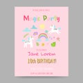 Greeting Card with Cute Magic Unicorns, Rainbow and Flowers. Fantasy Children Poster, Happy Birthday Invitation