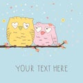 Greeting card with cute owls in love Royalty Free Stock Photo