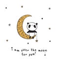 Greeting card with cute panda on the gold moon. Royalty Free Stock Photo