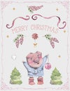 Greeting card with cute pig, fir tree, lollipop, berries, stars and serpentine. Funny cartoon character. Merry christmas and Happy