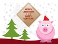 Greeting card with cute pigs for Merry Christmas and Happy New Year