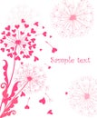 Greeting card with cute pink dandelions for wedding, Valentines day and birthday greeting