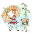 A greeting card with a cute red-haired girl and a big cake for her seventh birthday, made in watercolor technique and in Royalty Free Stock Photo