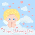 Greeting card with cute romantic cupid boy lying on a cloud