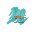 The Greeting Card with Cute Running Fox and Trees on Background. Text in French: Joyeux anniversaire in English Happy Birthday. Royalty Free Stock Photo