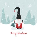 Greeting card with cute Scandinavian gnome, snowflakes and greeting text Merry Christmas.