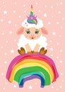 Greeting card with cute unicorn lamb sitting on rainbow