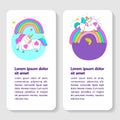 Greeting card with a cute unicorn with wings and a rainbow. Vector illustration.