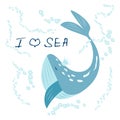 Greeting card with cute whale and hand lettering I love the sea Royalty Free Stock Photo