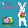 Cute Easter Bunny with Tulips and Colorful Eggs Royalty Free Stock Photo