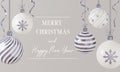 Greeting card with 3d render Christmas balls in white and silver colors. Festive Christmas and New Year banner on light Royalty Free Stock Photo