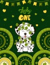 Greeting card with dalmatian dog in clover garland and lucky one lettering in cartoon style for St. Patricks Day Royalty Free Stock Photo