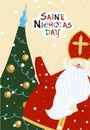 Greeting card for the day of St. Nicholas. Sinterklaas. Winter religious holiday. St. Nicholas or Mikulas