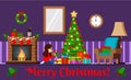 Greeting card with decorated christmas tree and gifts under the tree, fireplace, furniture
