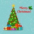 Greeting card with decorated christmas tree with star, decoration balls and bows and gifts under the tree