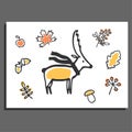 Greeting card with deer, scarf and autumn illustrations