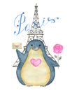 Greeting Card Design With Adorable Kawaii Penguin Bird With Heart, Eiffel Tower, Text And Love Symbols Isolated On White