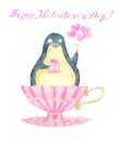 Greeting card design with adorable kawaii penguin bird sitting in vintage cup with heart, text and love symbols isolated on white