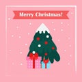 Greeting card design with Christmas tree and gifts on pink background, Merry Christmas. Christmas gift. Greeting card