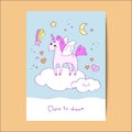 Greeting card design with cute unicorn in the sky.