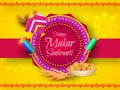Greeting card design decorated with kite, string spool, wheat ear and Indian sweets. Royalty Free Stock Photo
