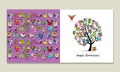 Greeting card design, funny owls tree Royalty Free Stock Photo