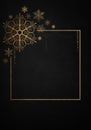 Greeting card design with glowing golden snowflakes on dark anthracite background. Winter holidays banner, celebrations poster